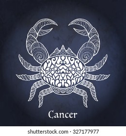 Decorative Zodiac sign Cancer on night sky background in zentangle style