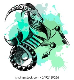 Decorative zodiac sign Capricorn. Horoscope and astrology (astronomy)-symbol. Vector illustration.