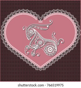 Decorative zodiac sign Capricorn. Horoscope and astrology (astronomy)-symbol. Lace heart-concept of love for Valentine's day. Vector illustration.