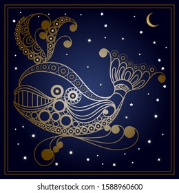 Decorative zodiac sign Cetus (Cet). Horoscope and astrology (astronomy)-symbol. Vector illustration.