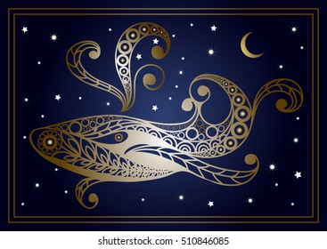 Decorative zodiac sign Cetus  Cet . Horoscope and astrology  astronomy -symbol. Vector illustration.