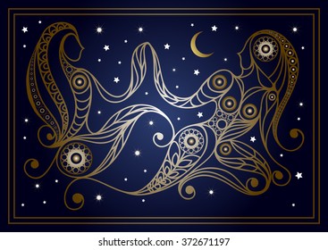 Decorative zodiac sign Gemini in floral style. Horoscope and astrology (astronomy)-symbol. Vector illustration.