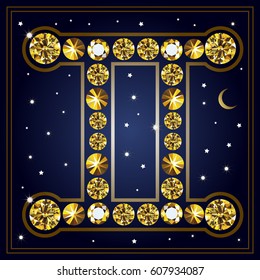Decorative zodiac sign Gemini. Horoscope and astrology (astronomy)-symbol. Suitable for invitation, flyer, sticker, poster, banner, card, label, cover, web. Vector illustration.