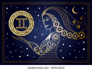 Decorative zodiac sign Gemini. Horoscope and astrology, astronomy-symbol. Suitable for invitation, flyer, sticker, poster, banner, card, label, cover, web. Vector illustration.