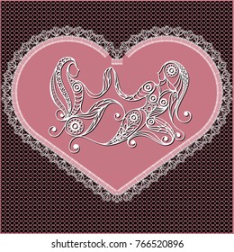 Decorative zodiac sign Gemini. Horoscope and astrology (astronomy)-symbol. Lace heart-concept of love for Valentine's day. Vector illustration.