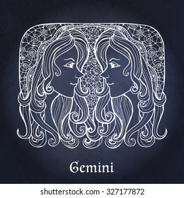 Decorative Zodiac sign Gemini on night sky background in zentangle style