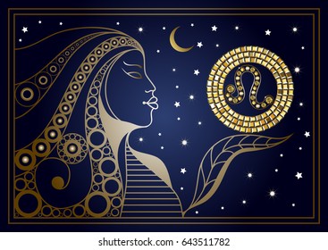 Decorative zodiac sign Leo. Horoscope and astrology, astronomy-symbol. Suitable for invitation, flyer, sticker, poster, banner, card, label, cover, web. Vector illustration.