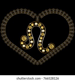 Decorative zodiac sign Leo. Horoscope and astrology (astronomy)-symbol. Lace heart-concept of love for Valentine's day. For invitation, flyer, sticker, poster, banner, card, label, cover. 