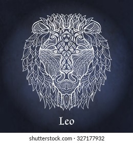 Decorative Zodiac sign Leo on night sky background in zentangle style