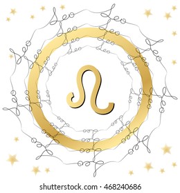 Decorative zodiac sign Leo on white background. Horoscope vintage card with words and stars. 