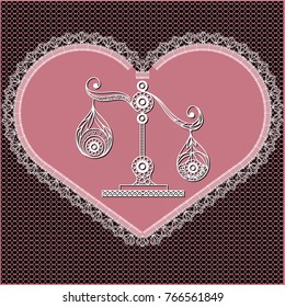 Decorative zodiac sign Libra. Horoscope and astrology (astronomy)-symbol. Lace heart-concept of love for Valentine's day. Vector illustration.