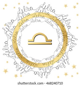 Decorative zodiac sign Libra on white background. Horoscope vintage card  with words and stars. 
