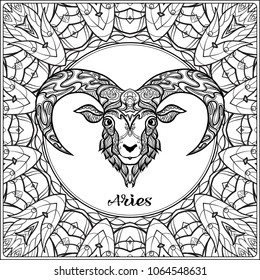 Aries,a sheep. Decorative zodiac sign on pattern background. Outline hand drawing. Good for coloring page for the adult coloring book Stock vectorÂ illustration.