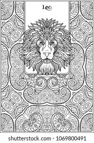 Leo,Â lion. Decorative zodiac sign on pattern background. Outline hand drawing. Good for coloring page for theÂ adult coloring book Stock vectorÂ illustration.