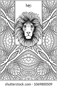 Leo,Â lion. Decorative zodiac sign on pattern background. Outline hand drawing. Good for coloring page for theÂ adult coloring book Stock vectorÂ illustration.