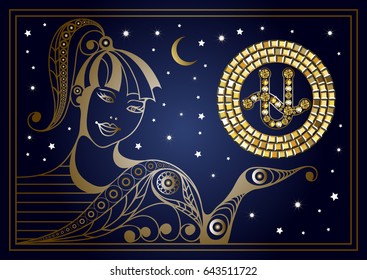 Decorative zodiac sign Ophiuchus. Horoscope and astrology, astronomy-symbol. Suitable for invitation, flyer, sticker, poster, banner, card, label, cover, web. Vector illustration.