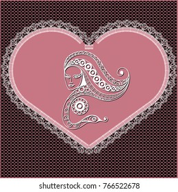 Decorative zodiac sign Ophiuchus. Horoscope and astrology (astronomy)-symbol. Lace heart-concept of love for Valentine's day. Vector illustration.
