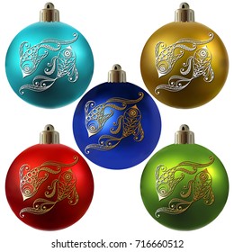 Decorative zodiac sign Pisces. Horoscope and astrology (astronomy)-symbol. Christmas ball. New Year's design. Vector illustration.