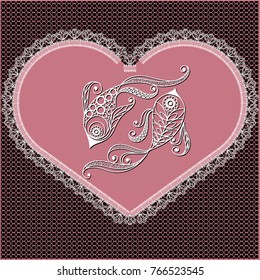 Decorative zodiac sign Pisces. Horoscope and astrology (astronomy)-symbol. Lace heart-concept of love for Valentine's day. Vector illustration.