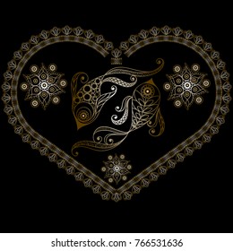 Decorative zodiac sign Pisces. Horoscope and astrology (astronomy)-symbol. Lace heart-concept of love for Valentine's day. Vector illustration.