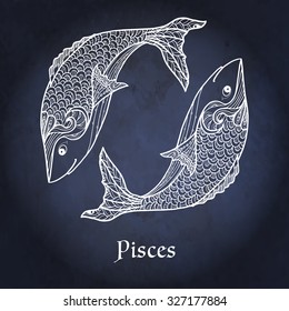 Decorative Zodiac sign Pisces on night sky background in zentangle style