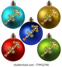 Decorative zodiac sign Sagittarius. Horoscope and astrology (astronomy)-symbol. Christmas ball. New Year's design. Vector illustration.