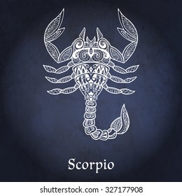 Decorative Zodiac sign Scorpio on night sky background in zentangle style