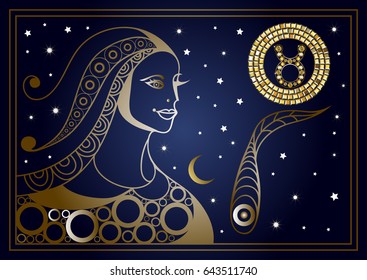 Decorative zodiac sign Taurus. Horoscope and astrology, astronomy-symbol. Suitable for invitation, flyer, sticker, poster, banner, card, label, cover, web. Vector illustration.
