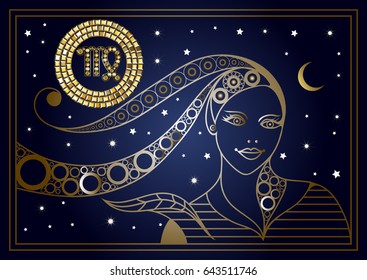 Decorative zodiac sign Virgo. Horoscope and astrology, astronomy-symbol. Suitable for invitation, flyer, sticker, poster, banner, card, label, cover, web. Vector illustration.