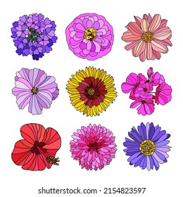Decorativeflowers set, design elements. Can be used for cards, invitations, banners, posters, print design. Floral background in line art style