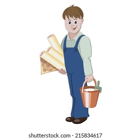 The decorator or handyman standing with rolls of wallpaper and a bucket of glue