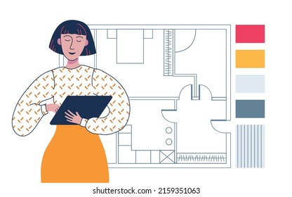 Decorator planning the design of a room, choosing wall color. Female interior designer. House interior renovation. Flat vector illustration