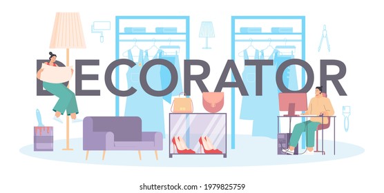 Decorator typographic header. Designer planning the design of a room, choosing wall color and furniture style. House renovation. Isolated flat vector illustration