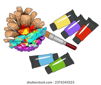 Decoring of the pine cone by acrylic paints. Easy-to-make decoration. Creative handmade idea. Game for kids. Vector illustration.