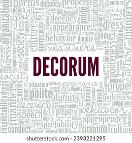 Decorum Wort Cloud konzeptionelles Design einzeln auf weißem Hintergrund.