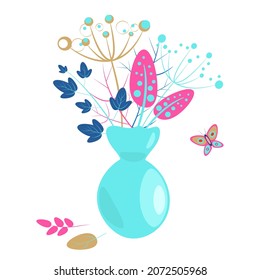 Decotative bouquet in vase. Colorful vector illustration. Folk-art style.