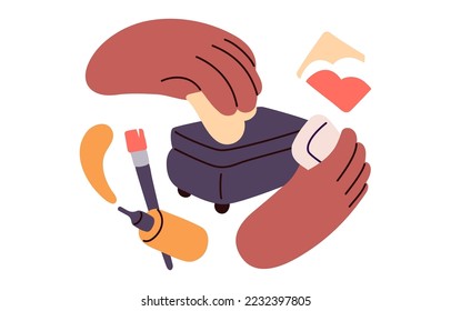 Decoupage, DIY craft. Hands sticking, attaching paper cutouts with glue, decorating designing box. Handcraft, hahdiwork process. Artisan work. Flat vector illustration isolated on white background