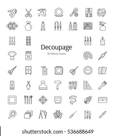 Decoupage Tools And Accessories. Vector Line Icons.  Decorating Boxes, Furniture And Frames With Paper Napkins And Glue. Paper Craft Elements. Handmade Hobby