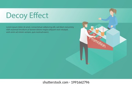 Efecto de decoy, estrategia de precios de negocio, aumento de ventas y beneficios,fenómeno por el cual los consumidores cambian su preferencia entre dos opciones cuando se presentan con una tercera opción,ilustración vectorial.