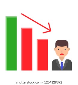 Decrease bar chart with sad businessman vector illustration, flat design icon