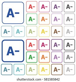 Decrease font size color flat icons in rounded square frames. Thin and thick versions included.