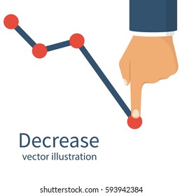 Decrease graph. Businessman hand down profit business chart. Stock financial trade market diagram. Vector illustration flat design. Isolated on white background. Declining graph. Downward arrow.