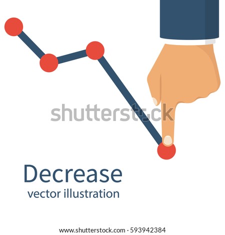 Decrease graph. Businessman hand down profit business chart. Stock financial trade market diagram. Vector illustration flat design. Isolated on white background. Declining graph. Downward arrow.