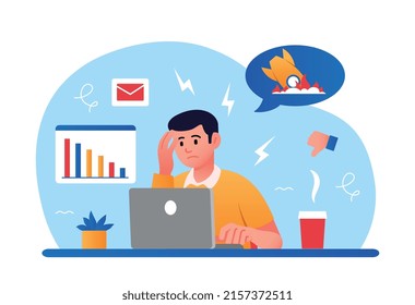 Decrease graph concept. Young guy at laptop analyzes graphs and charts. Modern technologies and work with statistics. Business failures, unlucky entrepreneur. Cartoon flat vector illustration