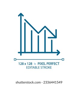 Reducir el icono azul claro del gráfico. Flecha hacia abajo. Diagrama de dinero. Crisis económica. Análisis de datos. Signo de color RGB. Diseño sencillo. símbolo Web. Línea de contorno. Ilustración plana. Objeto aislado