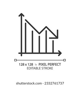 Decrease graph linear icon. Arrow going down. Money diagram. Economic crisis. Recession business. Data analysis. Thin line illustration. Contour symbol. Vector outline drawing. Editable stroke