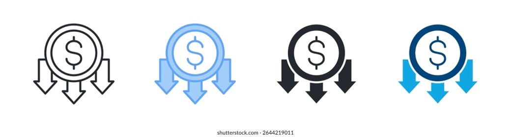 Decrease Icon Set Multiple Style. Design In Outline, Blue, Glyph, Dual Tone