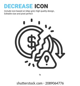 Decrease icon vector with outline style isolated on white background. Vector illustration crisis, inflation sign symbol icon concept for business, finance, industry, company, web and project
