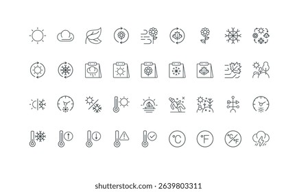 Decrease and increase temperature of air on thermometer thin black and red symbols vector illustration. Four seasons, hot and cold weather of winter, summer and spring, autumn time line icon set