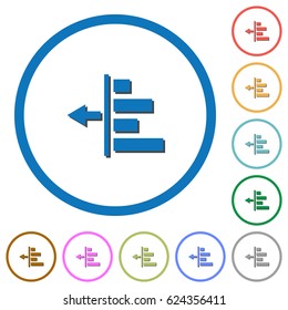 Decrease left indentation of content flat color vector icons with shadows in round outlines on white background